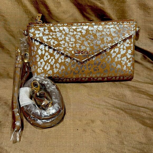 Lodis Gold Silver Jaguar Foil Print Clutch Wristlet Crossbody Convertible Bag